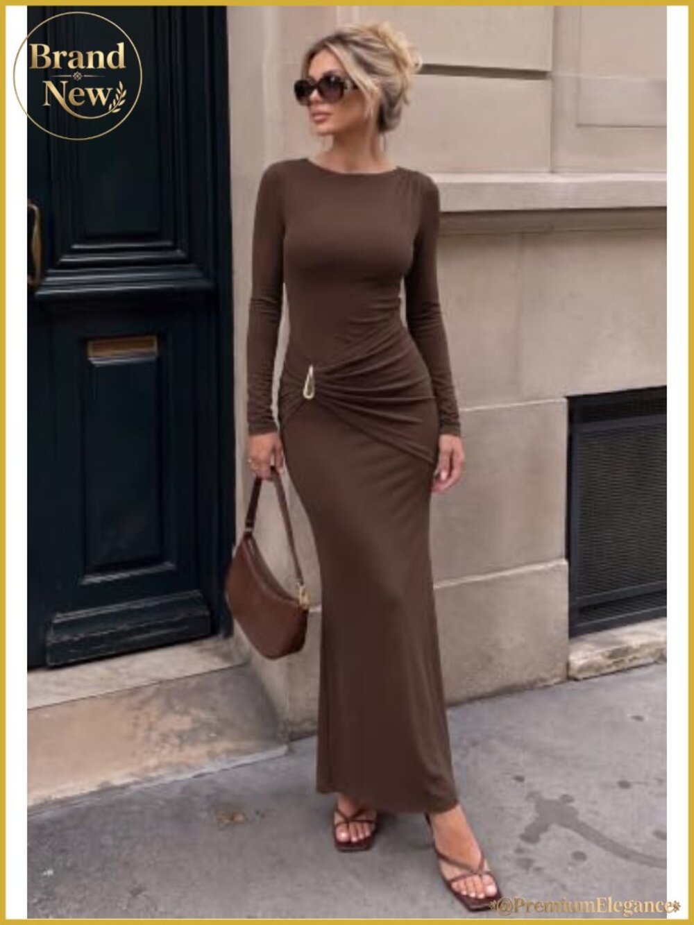 Long Sleeve Ruched Slit Maxi Dress Bodycon Wedding Guest Cocktail - Picture 2 of 6